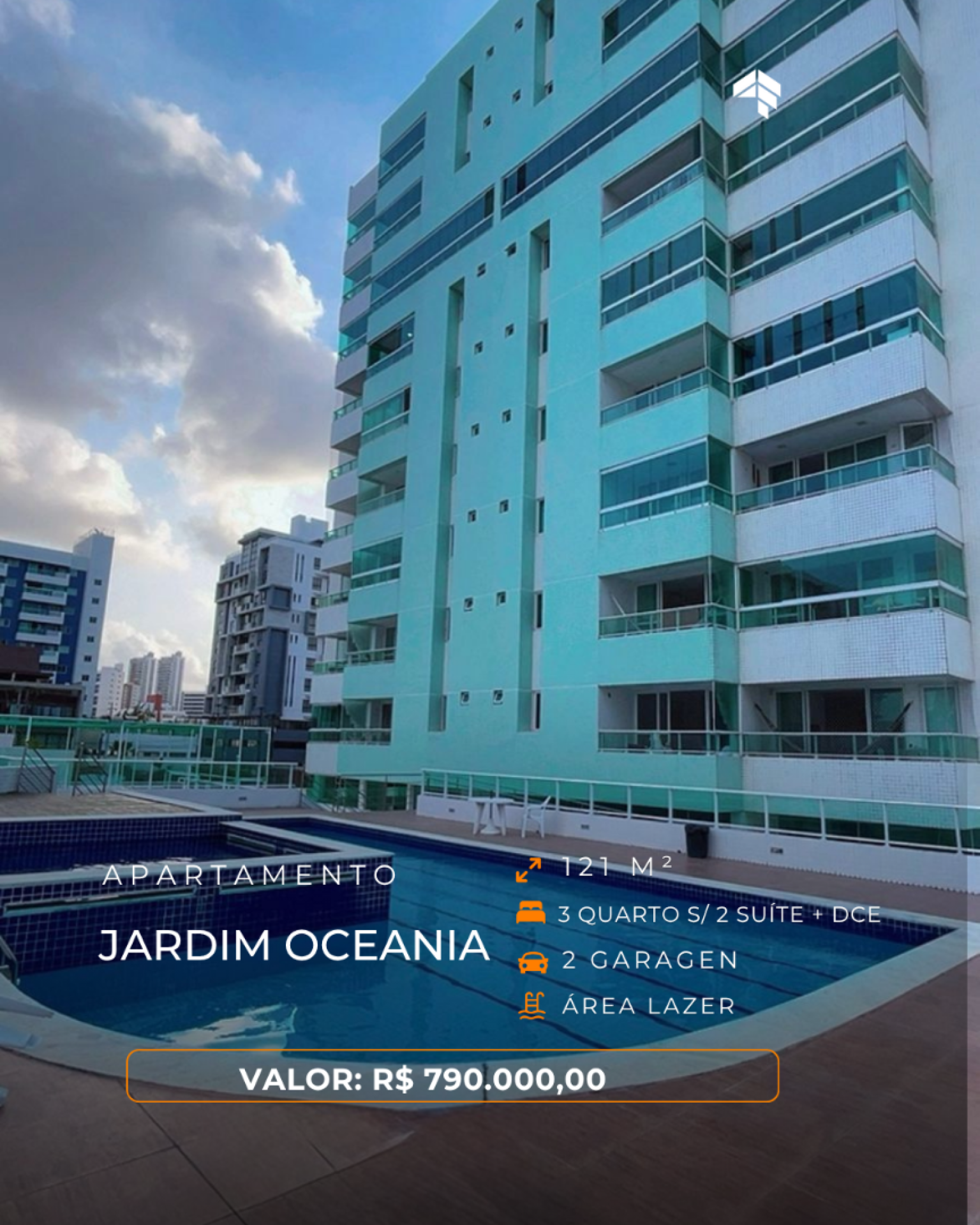 APARTAMENTO COM 121M² C/ 3 QUARTOS S/ 2 SUITES + DCE. A 250 METROS DA PRAIA DO JARDIM OCEANIA - JOAO PESSOA PB