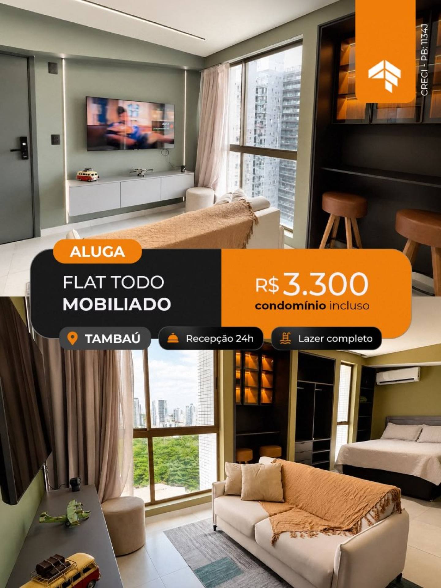 Flat Mobiliado para Locacao anual em Tambau — Modernidade, Conforto e Localizacao Imbativel!