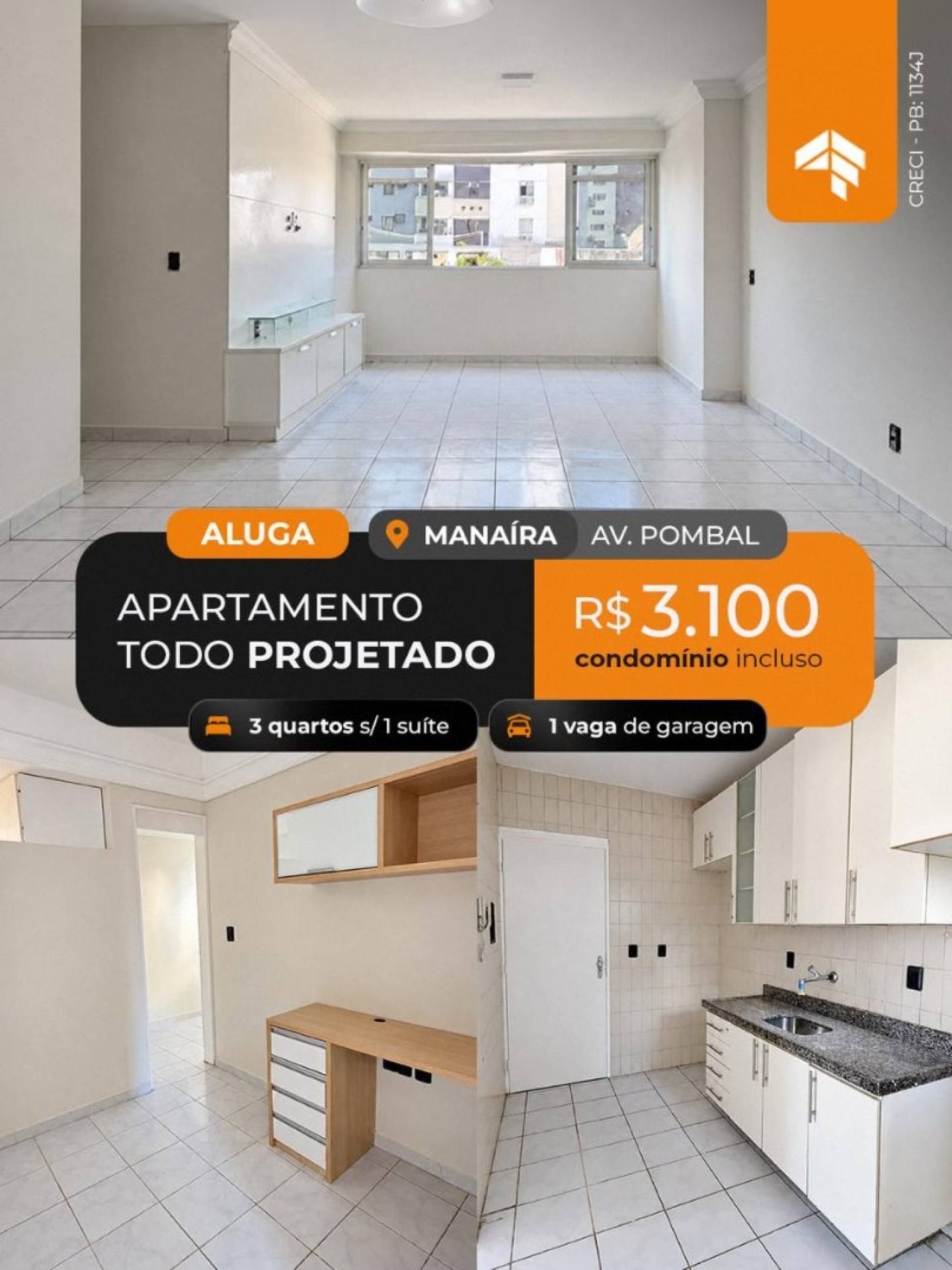 ALUGA  APARTAMENTO COM 3 QUARTOS S/1 SUITE, AV POMBAL EM MANAÍRA | JOÃO PESSOA