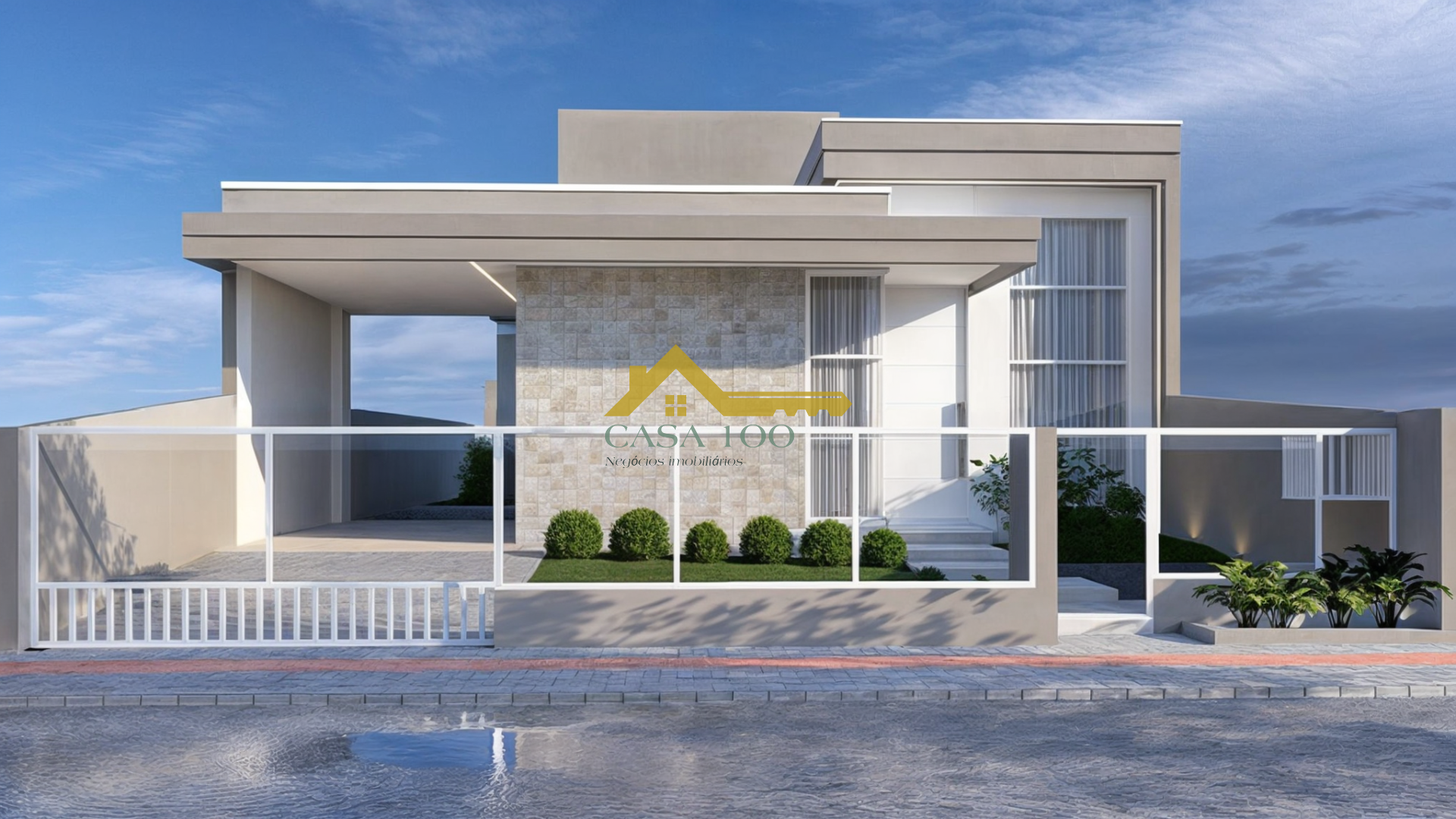 Casa moderna com 3 quartos sendo 1 suíte e área de lazer com piscina.