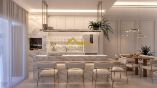 Casa moderna com 3 quartos sendo 1 suíte e área de lazer com piscina.