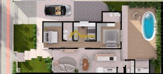 Casa moderna com 3 quartos sendo 1 suíte e área de lazer com piscina.