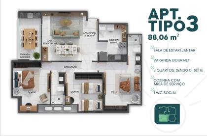 Apartamento á Venda com 3 quartos 1 suíte e com 2 vagas de garagem no bairro Altiplano em João Pessoa