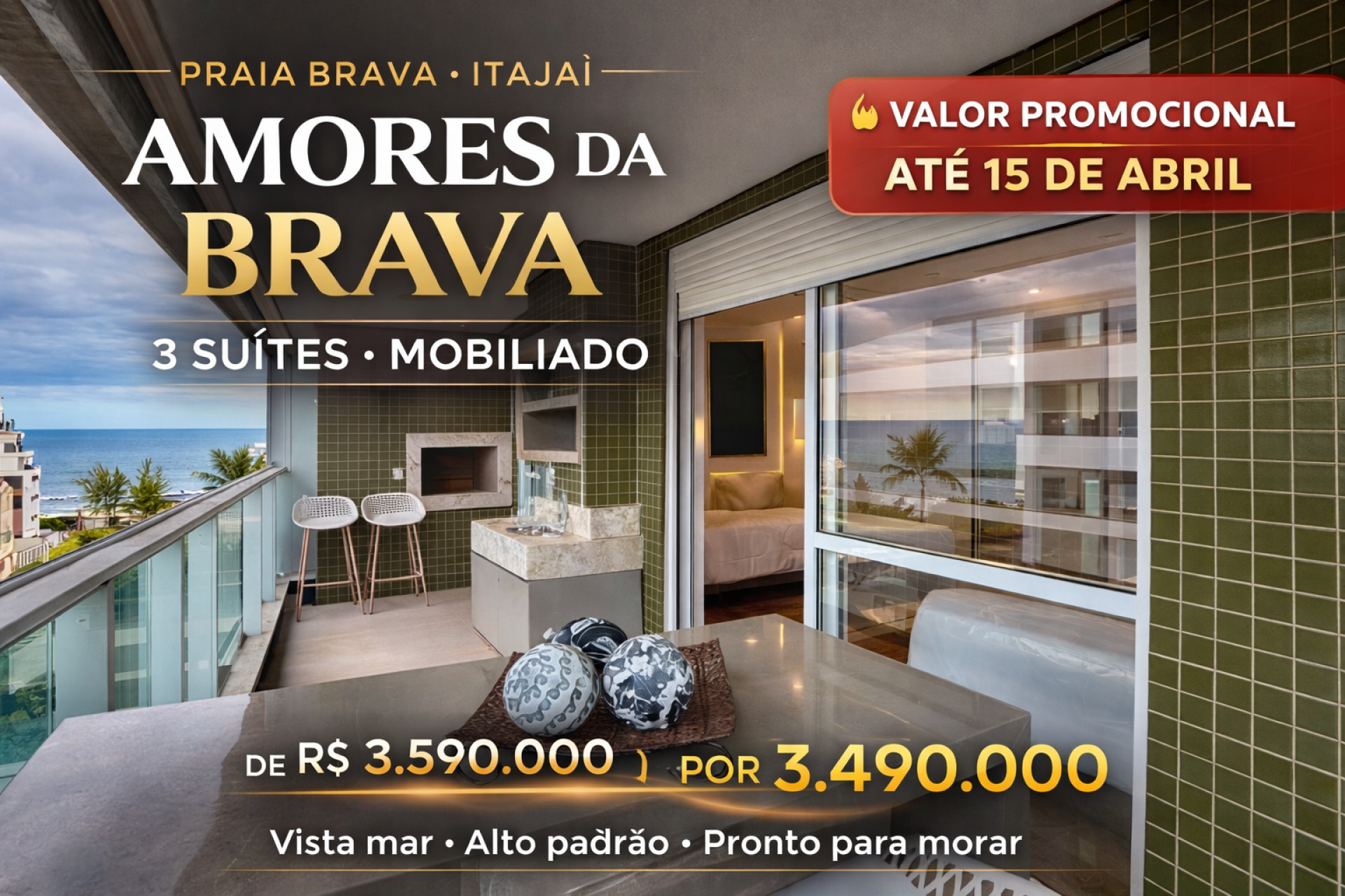 Apartamento no Condomínio Amores da Brava: 3 Suítes, Mobiliado, decorado