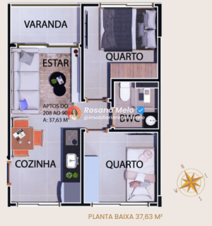 Edf. Ária Boa Vista, apartamento com 37,63m², 2 quartos, sala com cozinha integrada, lazer completo, Boa Vista.
