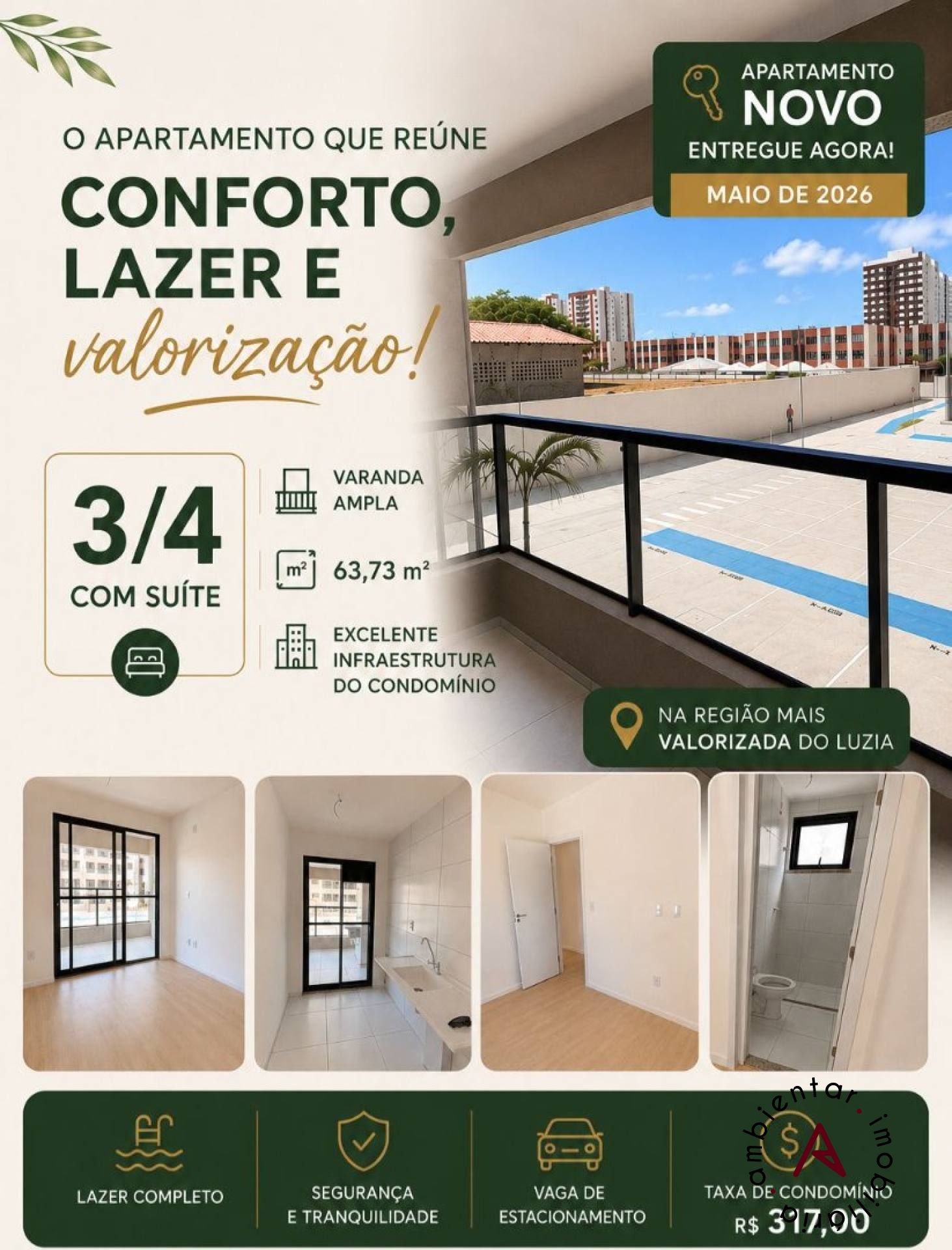 Apart. Novo 3/4 com Suíte no Luzia - Entregue em Maio/2026