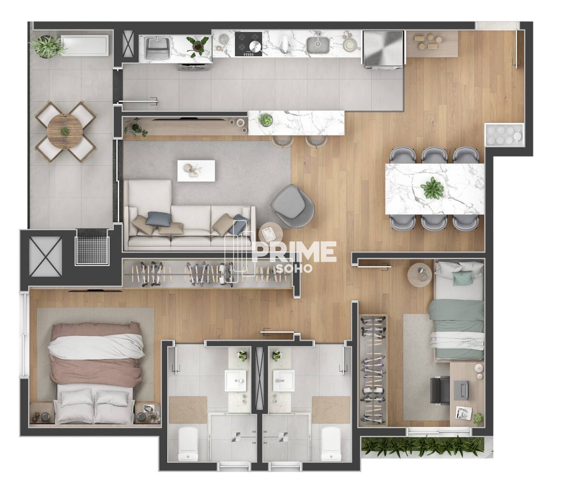 Apartamento com 2 Quarto, 1  Suítes e Planta Funcional