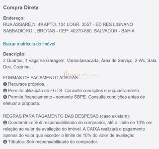 Apartamento 2/4 Leilão CAIXA - Brotas