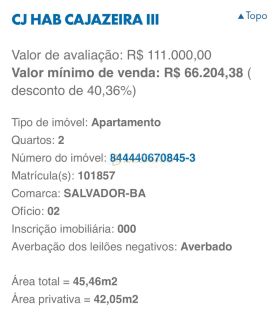 Apartamento 2/4 Cajazeiras Leilão CAIXA