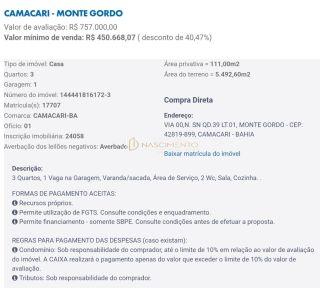 Casa 3/4 em Monte Gordo, LEILÃO CAIXA