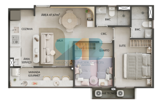 VALE DOS GUARARAPES  | Apto Tipo | 47,67m²  | 2 Quartos sendo 1 Suíte  | Varanda Gourmet