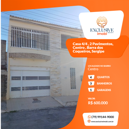 Casa 4/4 , 2 Pavimentos, Centro , Barra dos Coqueiros, Sergipe