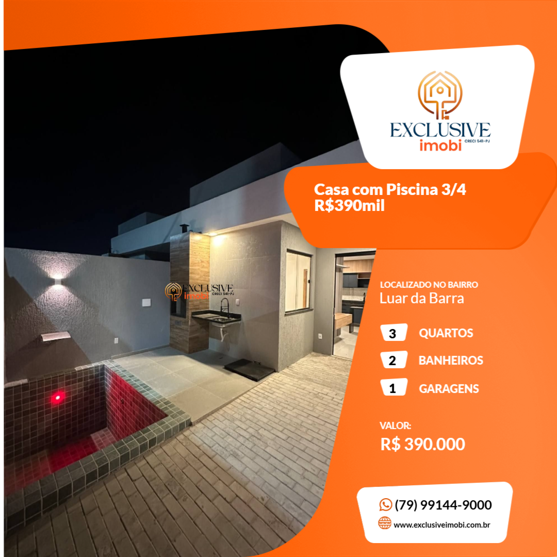 Casa com Piscina 3/4 R$390mil
